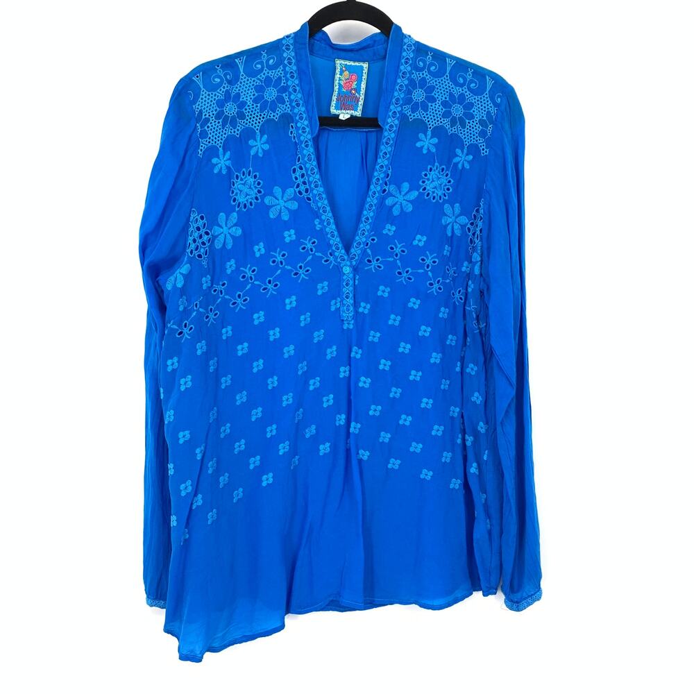 Johnny Was Tunic Top Womens L Cobalt Blue Floral Embroidered Boho Blouse